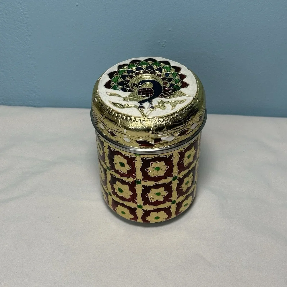 Meenakari Stainless Steel Box Peacock Lid Indian Decorative Canister Dabba